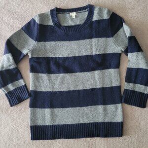 J. Crew Lambs Wool Crew Neck Striped Sweater Navy Gray